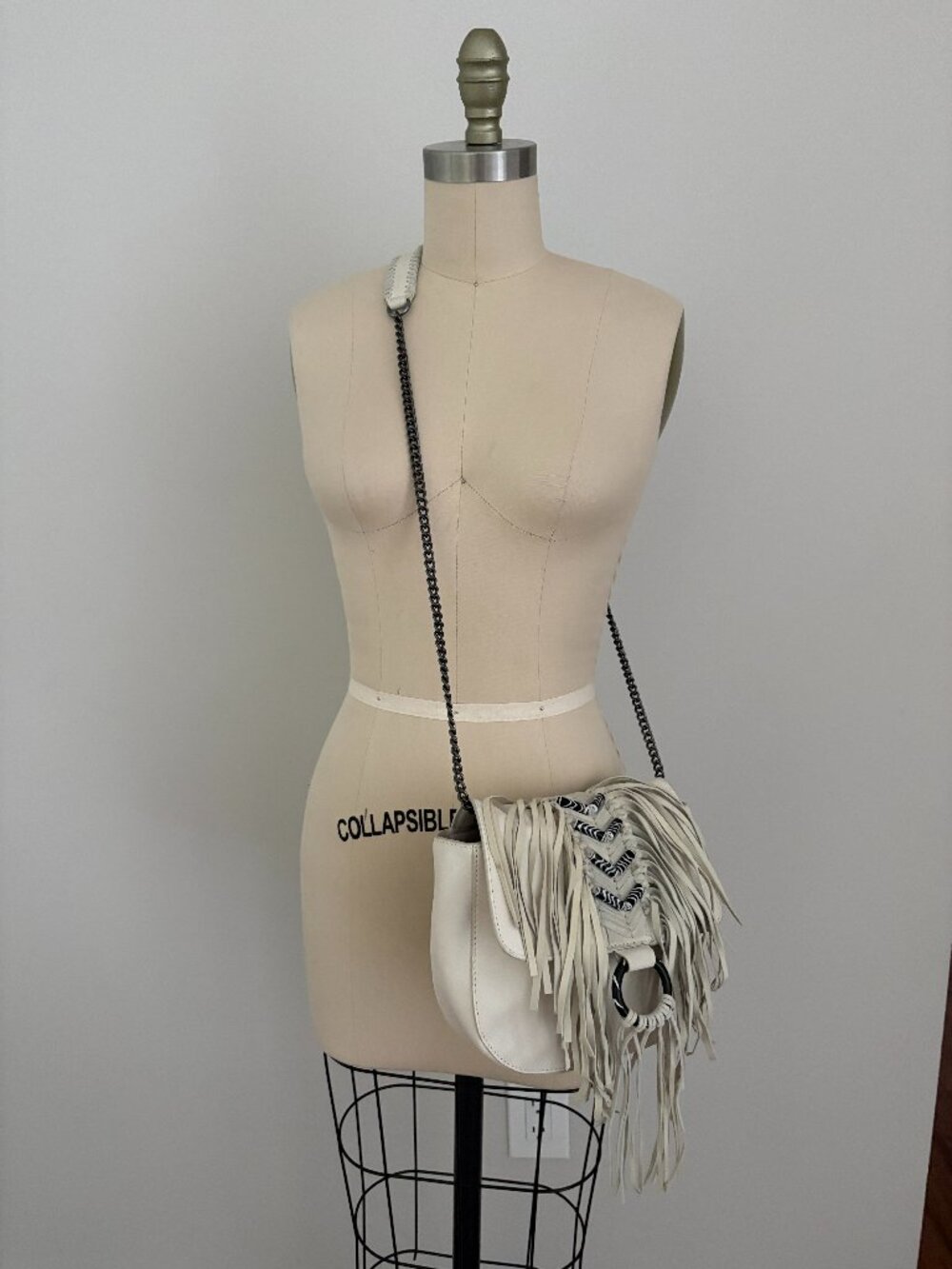 Sam Edelman Donna Cream Leather Fringe Crossbody Bag Beaded Western Boho Chic